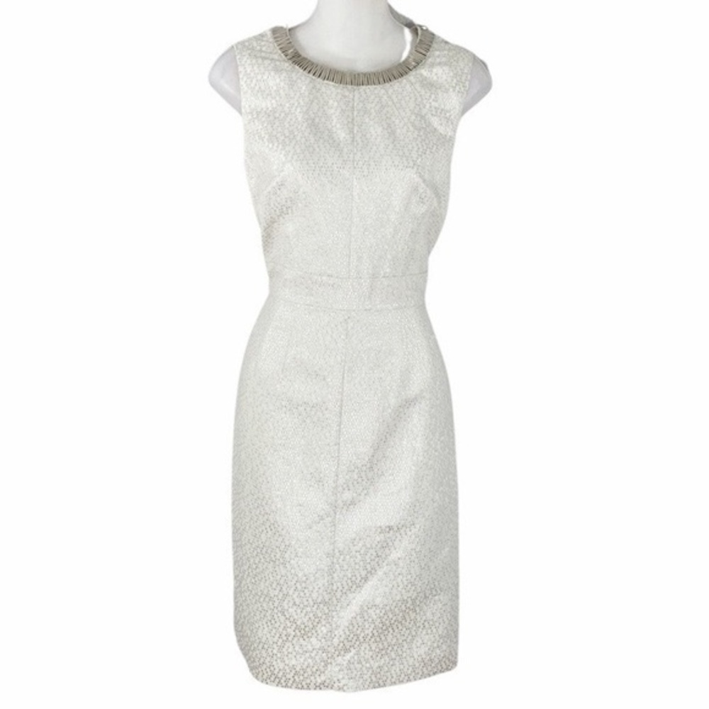 Antonio Melani off white silver jacquard sleeveless sheath dress 6 O5